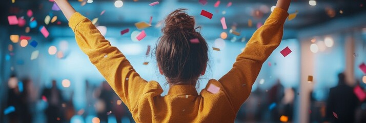 Celebration of Achievement, an individual joyfully embracing a job promotion amidst a softly blurred office party scene, vibrant atmosphere, cheerful expressions