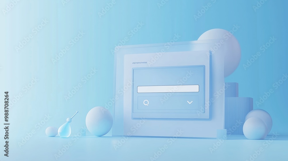 Poster digital interface with soft blue tones and minimalistic design elements showcasing input fields and 