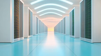 Fototapeta premium A view of a large data center with air conditioning systems and cables running throughout the space.