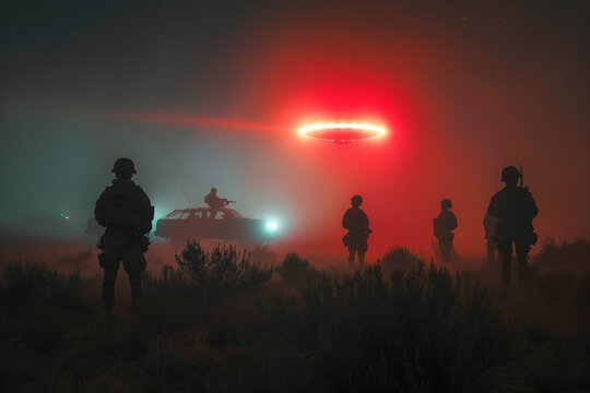 Mysterious ufo encounter and alien abduction with flying saucer generative AI