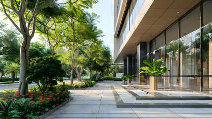 Modern Office Building with Lush Greenery