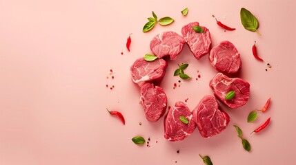 Fototapeta premium Fresh beef slices meat for grilled steak cooking party, circular arrangement copy space