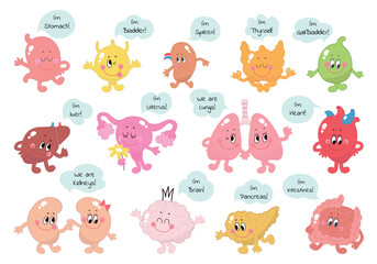 Cute human organs. Different cartoon internal organ with faces and emotions. Childish medical info characters, funny mascots nowaday vector set