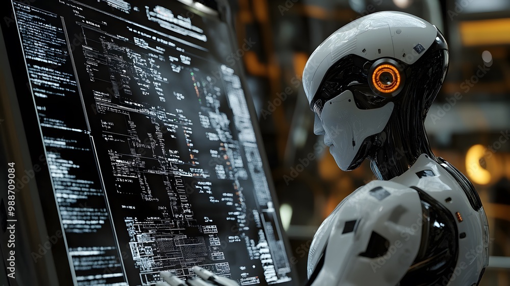 Poster a futuristic white robot examines data on a digital display.