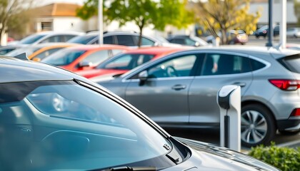 Car parked at outdoor parking lot. Used car for sale and rental service. Car insurance background. Automobile parking area. Car dealership and dealer agent concept. Automotive industry. Electric auto
