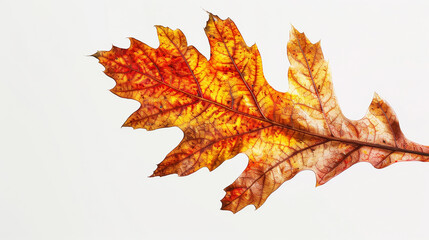 Fototapeta premium Aesthetic oak leaf with vibrant autumn colors, copy space, white background, presentation template. Generative AI