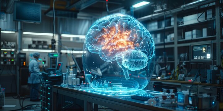 Holographic brain model glowing with neural activity in a high-tech laboratory