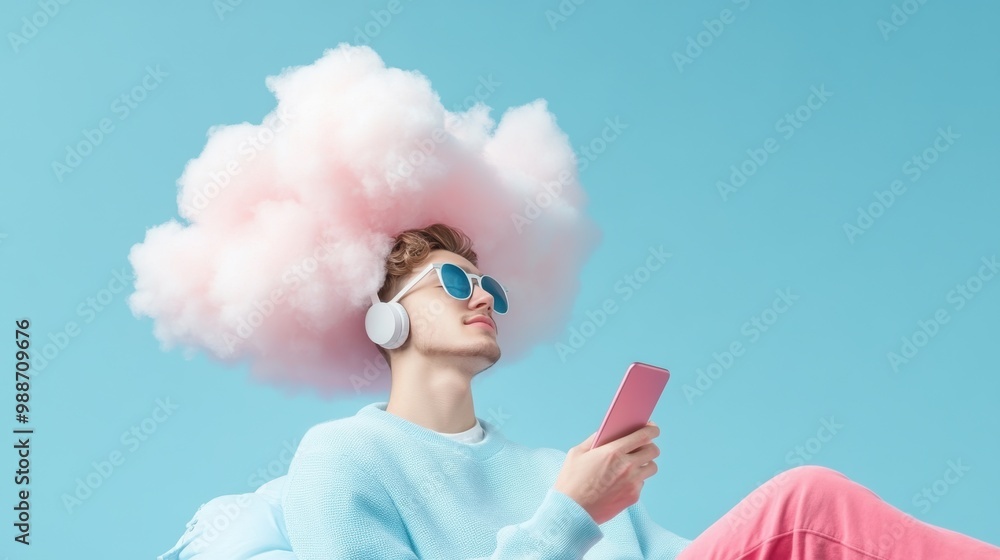 Poster a person using a smartphone to connect to a cloud based music streaming service, showcasing the acce