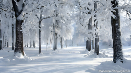 Enchanted Winter Forest: Snow Covered Trees and Sunlit Landscape