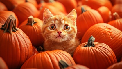Funny Scared Cat Hiding Among Small Pumpkins in Dark Setting