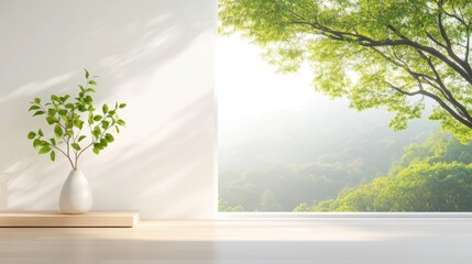 Obraz premium A view of a living room with large windows offering a beautiful view of the outdoors.