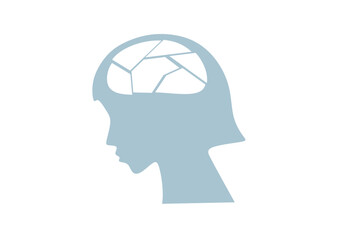 Vector illustration of a human head silhouette with cracked lines inside, symbolizing mental fragility or a broken mind. This abstract design conveys themes of psychological stress, emotional distress