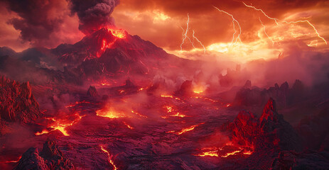 Red Hell The ground cracked red, there was fog above, red clouds, lightning flashed in the distance, there was a red volcano covered in dust and explosions