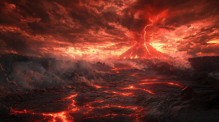 Red Hell The ground cracked red, there was fog above, red clouds, lightning flashed in the distance, there was a red volcano covered in dust and explosions