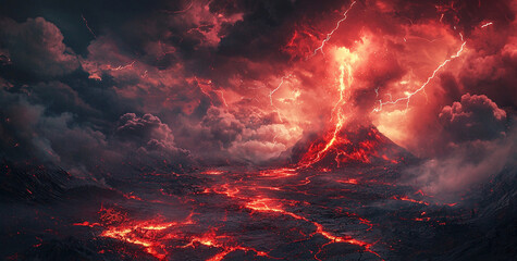 Red Hell The ground cracked red, there was fog above, red clouds, lightning flashed in the distance, there was a red volcano covered in dust and explosions