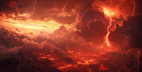 Red Hell The ground cracked red, there was fog above, red clouds, lightning flashed in the distance, there was a red volcano covered in dust and explosions