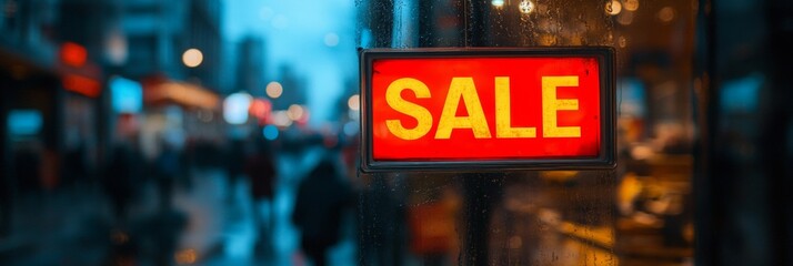 Sale sign in window, vibrant street scene blurred in background, urban setting, enticing shoppers with seasonal discounts