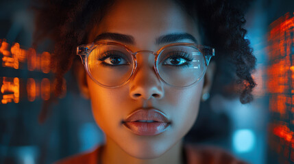 Portrait of young woman wearing glasses, analyzing digital code with glowing holographic data reflected in her lenses, representing a tech-savvy professional in a modern work environment