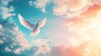 Photorealistic Sky with White Dove Flying Light Clouds in Serene Funeral Background