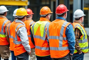 Construction Workers Wearing Safety Vests and Hard Hats.