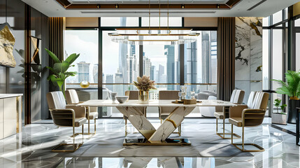 Modern Dining Room with City Views and Gold Accents