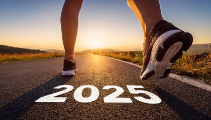 runner feet road written sunset symbolizing new year goals fitness resolutions