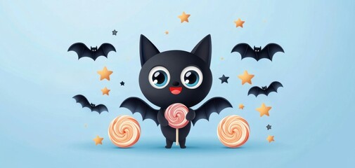Cute bat character holding lollipop with bats and stars in background