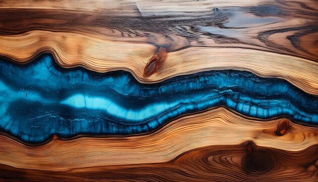 Stunning design created by a blue epoxy resin river flowing through a gap in a wooden countertop