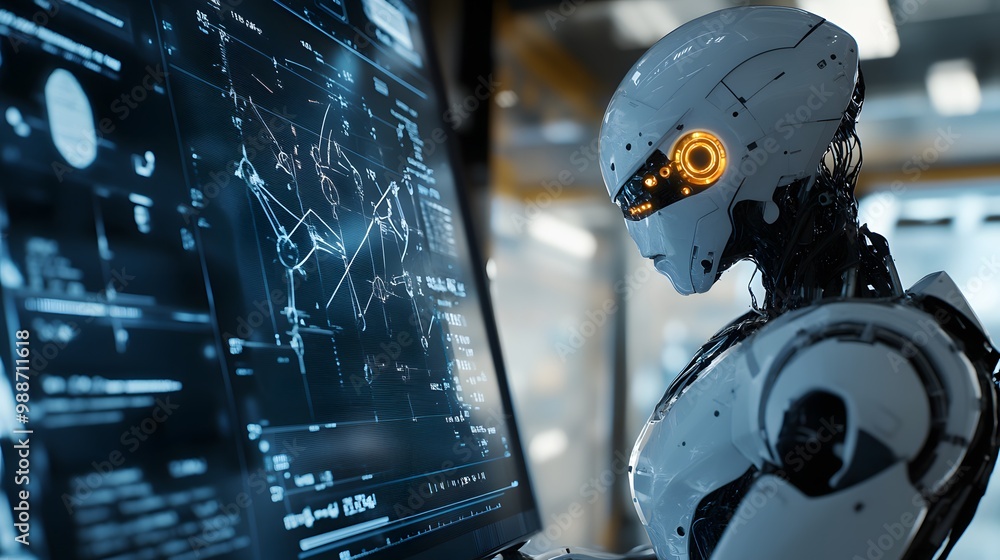 Poster white humanoid robot analyzing data on computer screen