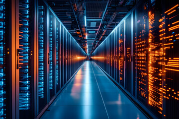Fototapeta premium Digital transformation enhances efficiency in data centers with advanced systems and powerful PCs operating seamlessly in a high-tech environment