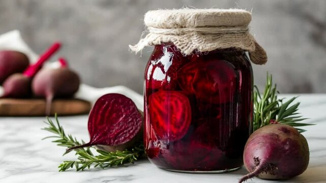 Homemade vegetable pickles featuring vibrant beetroot in a glass jar with fresh herbs on a marble countertop