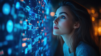 Woman looking at digital blue data interface, analyzing futuristic technology in a dark room with glowing holographic screens. Concept of global tech innovation and cyber analytics.