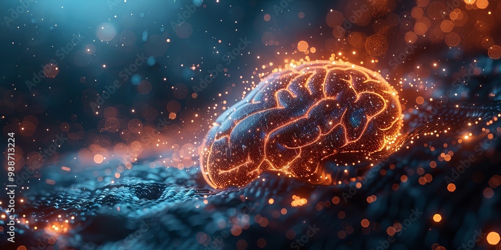 Poster glowing brain resting on an abstract surface, surrounded by vibrant neural connections