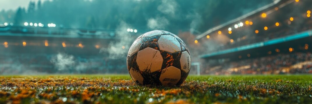 Soccer ball poised on the field, hazy stadium atmosphere creating an intense sporting ambiance