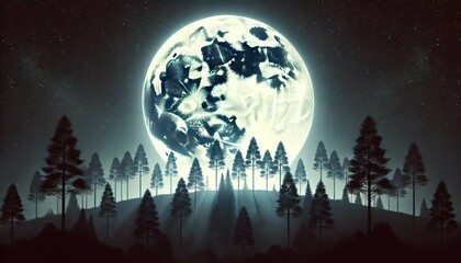 Fototapeta premium Full Moon Glowing Over Tree Silhouettes at Night