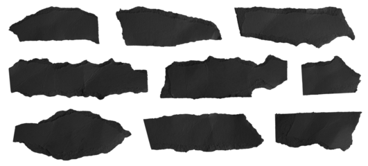 black pieces of paper on a transparent isolated background. PNG	