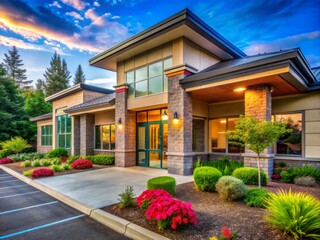 Fototapeta premium A contemporary medical and dental office in Beaverton featuring colorful landscaping and an inviting entrance that