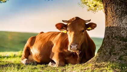 Obraz premium Brown cow resting under a tree in a field.