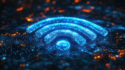 Blue wifi icon glowing with interconnected lines and orange sparkles in a digital network. Futuristic wireless communication, internet connectivity, data flow, global online connection.