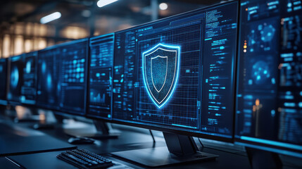 Multiple computer screens with glowing digital shield icons in a modern high-tech office. Cyber defense system, advanced data protection, online network security, corporate digital safety.