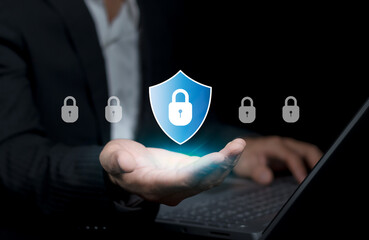 Businessman protecting personal data on smartphone, Cybersecurity and privacy concepts to protect data. Lock icon and internet network security technology. virtual screen interfaces. cyber security.