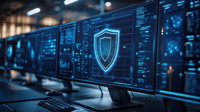 Multiple computer screens with glowing digital shield icons in a modern high-tech office. Cyber defense system, advanced data protection, online network security, corporate digital safety.