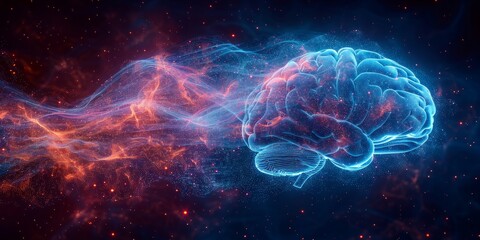 Fototapeta premium Glowing brain with neural data streams flowing, symbolizing cognitive technology