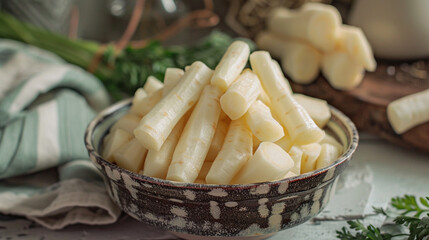 Fresh peeled parsnips in a rustic bowl on a kitchen table, ready for cooking.