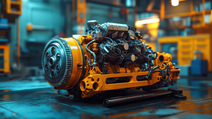 Close-up of advanced mechanical engine on workshop floor, high-tech automotive equipment, industrial engineering, and technology innovation for vehicle manufacturing and repair.