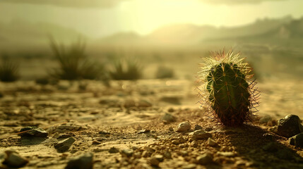 A Lone Cactus in a Golden Desert Landscape