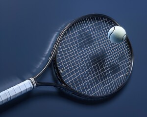 A detailed shot of a tennis racquet striking a ball, with strings perfectly aligned and tension visible