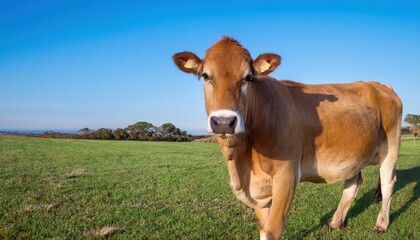 A brown cow stands in a field of green grass.