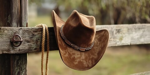 A brown cowboy hat hanging on a wooden fence.