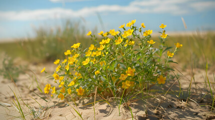 Obraz premium Vibrant Yellow Wildflowers Blooming in a Sunny Meadow